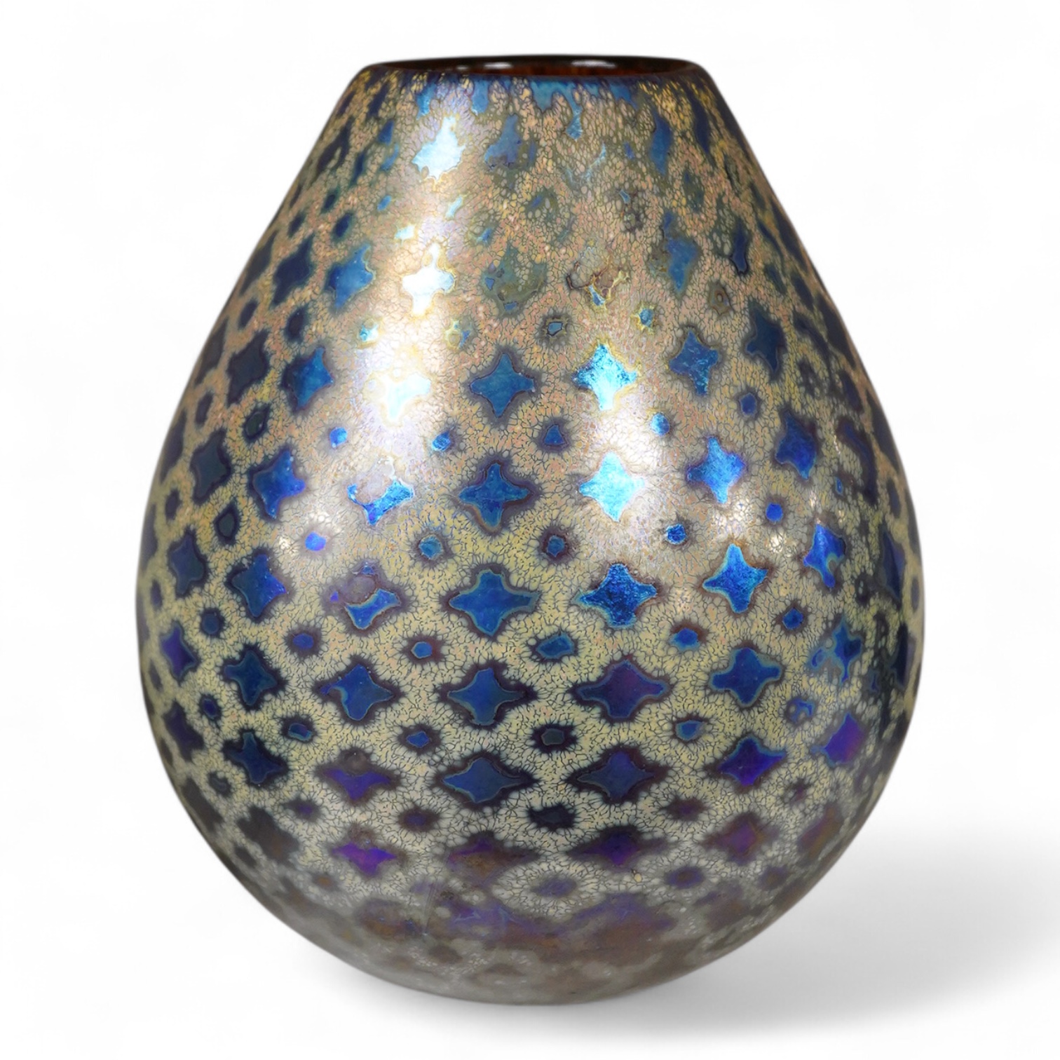 Siddy Langley, a blue iridescent glass vase, 23cm high